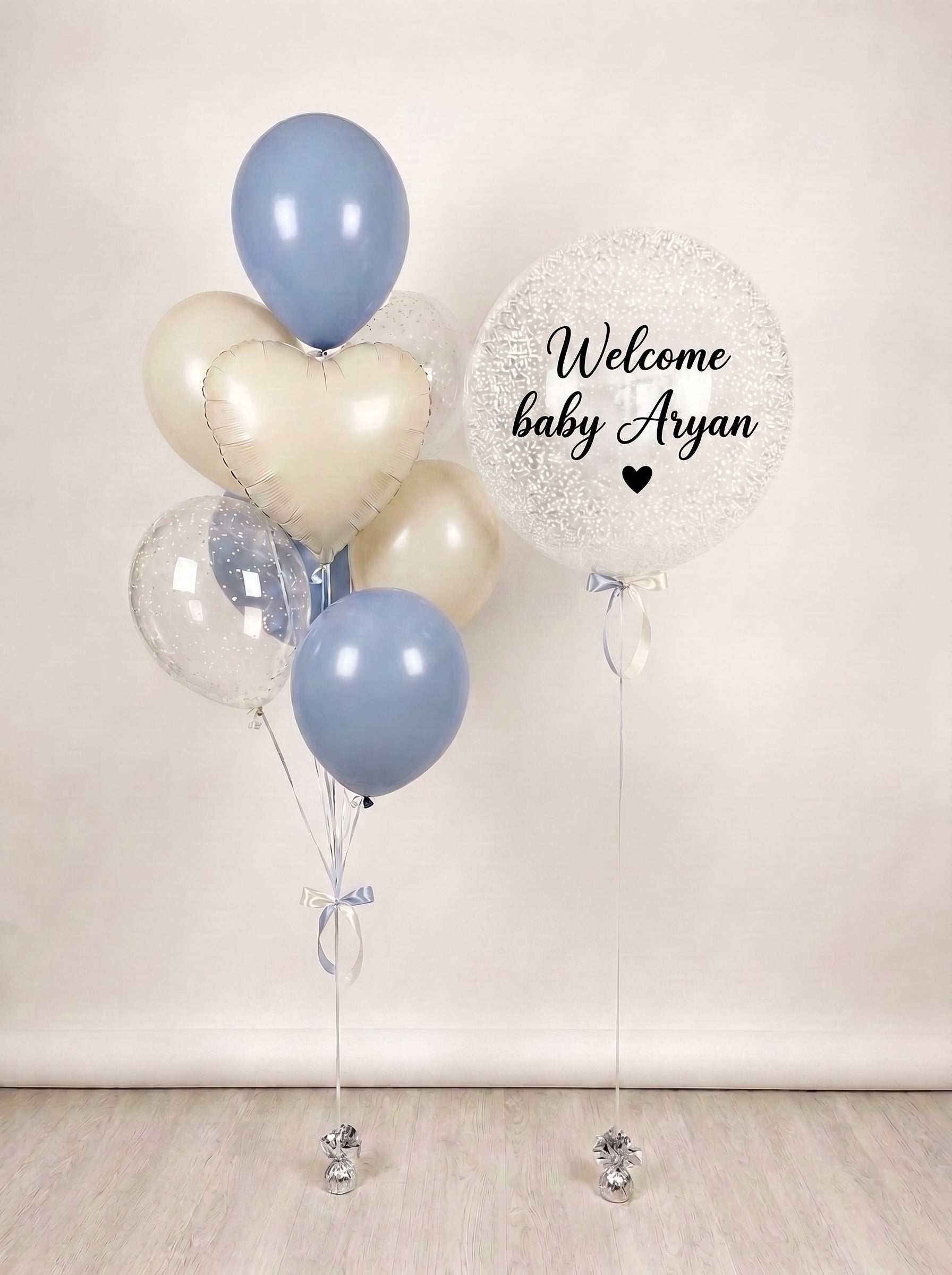 Personalised Welcome Baby Bubble Balloon & Bouquet | Blue & Sand White