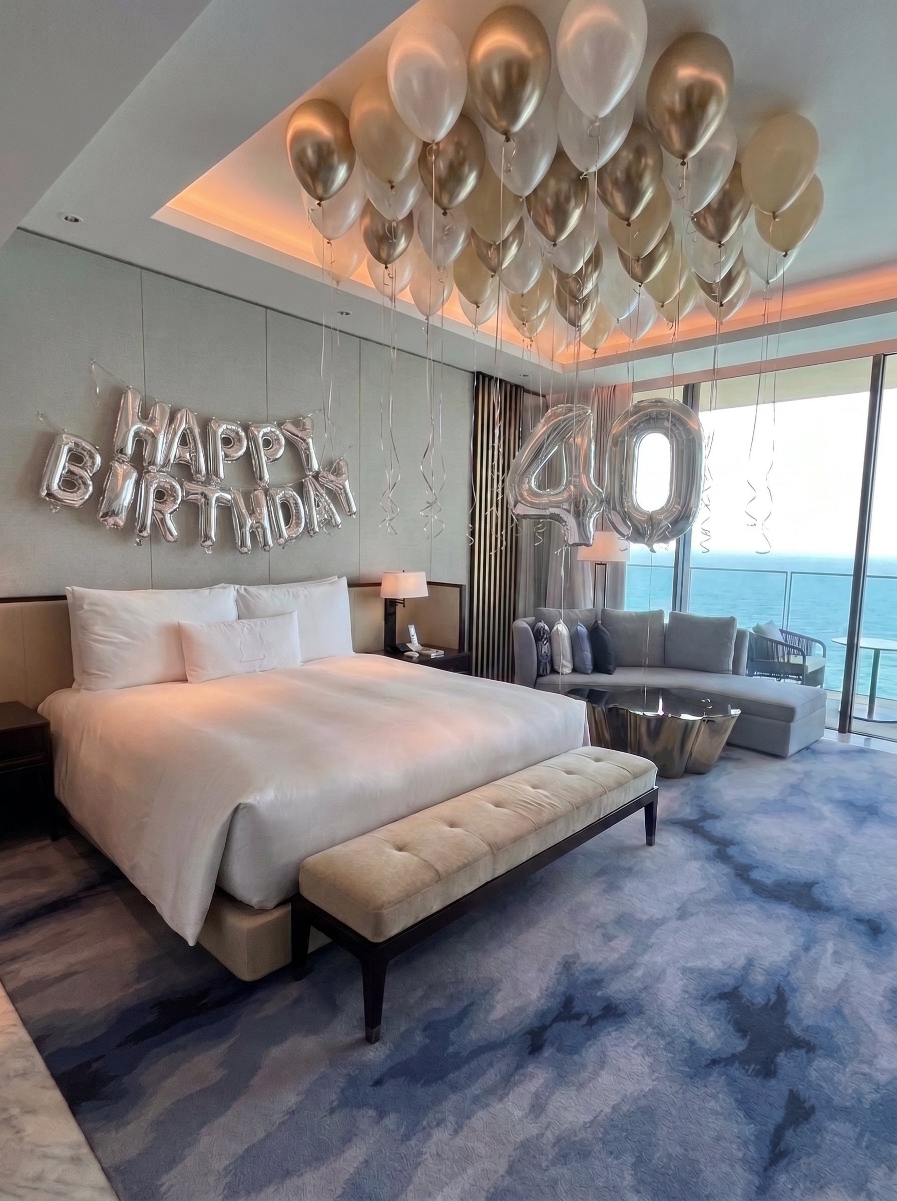 Luxury Hotel Birthday Room Setup | White, Sand White & Champagne Gold