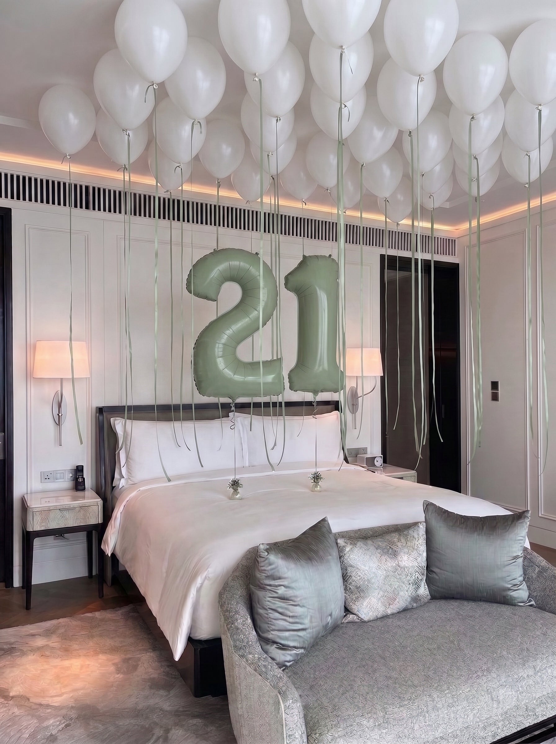 Ceiling Balloon Setup with Number Balloons | White & Sage Green