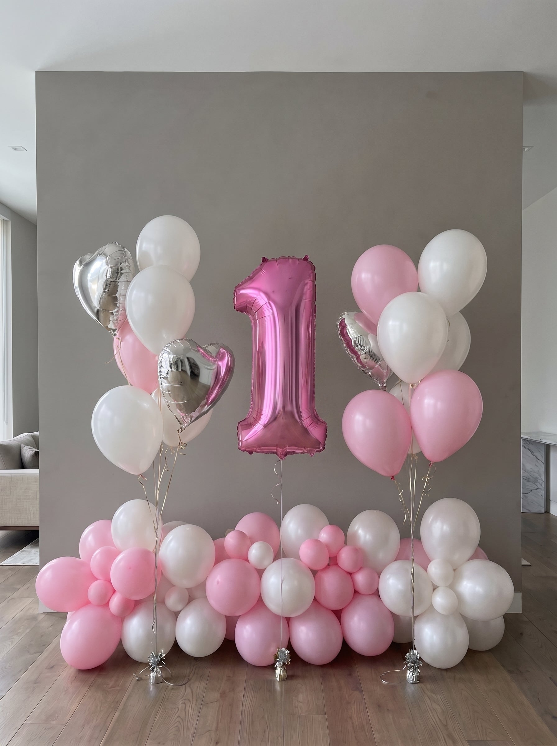 First Birthday Balloon Display | Baby Pink & White